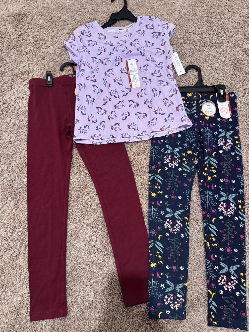 Girls Unicorn Tee with Two Pairs of Leggings - Lavender, Maroon & Navy Floral